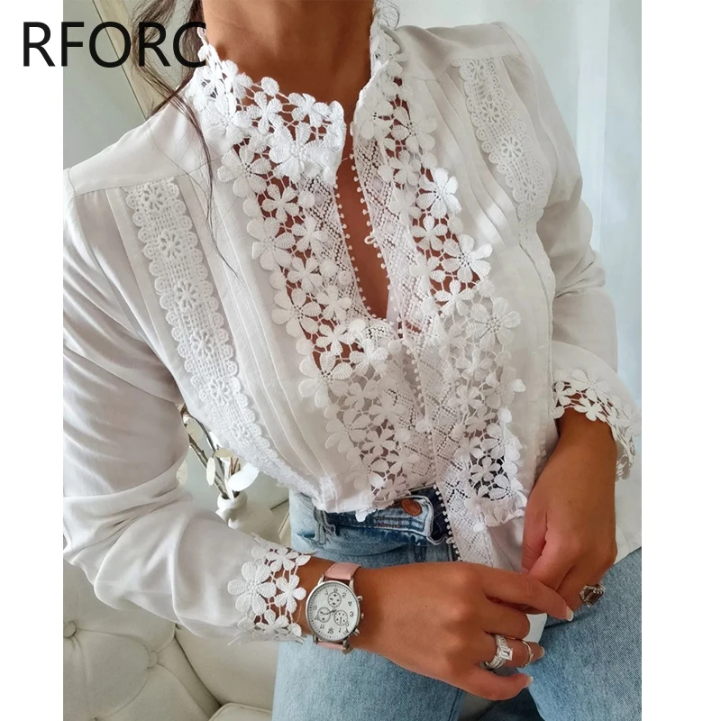 2023 Women Long Sleeves Lace Floral Hollow Button White Blouse Shirt Top