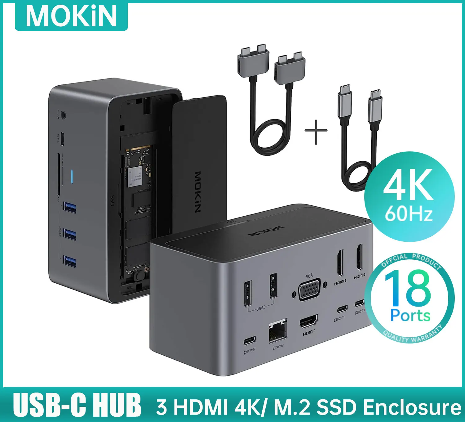 

MOKiN 18 in 1 USB C Docking Station with Dual HDMI Adapter M.2 SSD Enclosure Ethernet 100W PD VGA SD/TF dock For MacBook Pro/Air