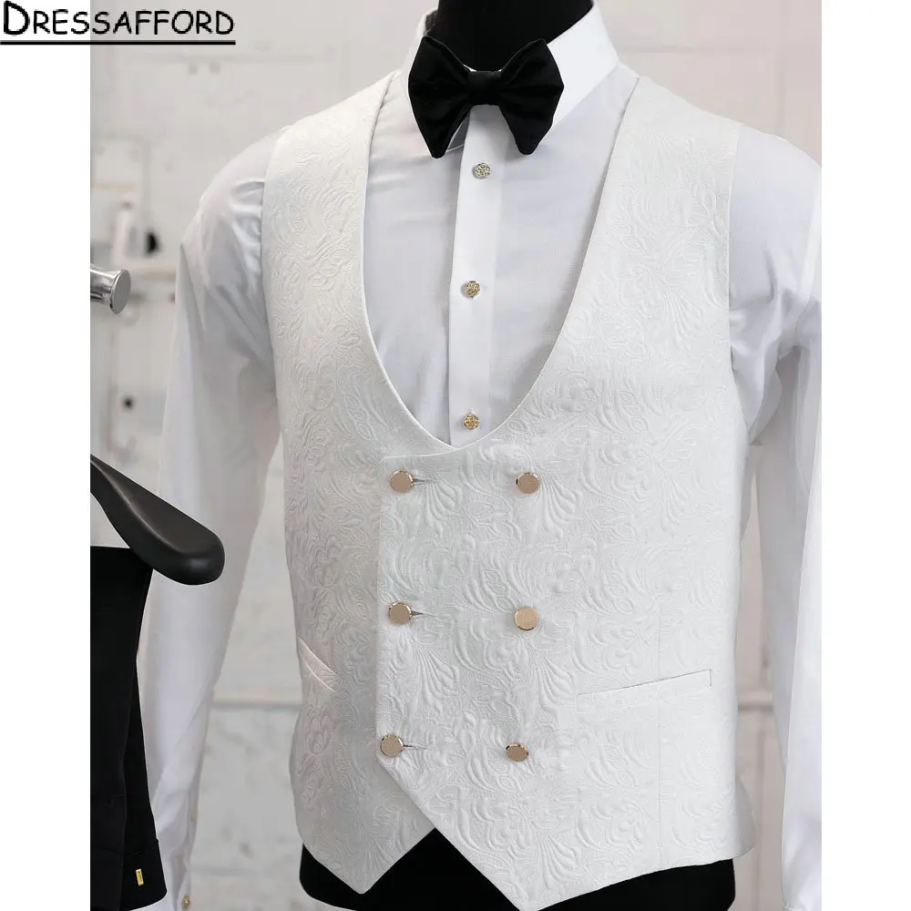 White Jacquard Men Suits 3 Piece With Vest Fashion Business Casual Wear Party Wedding Groom Tuxedo Jacket Pants