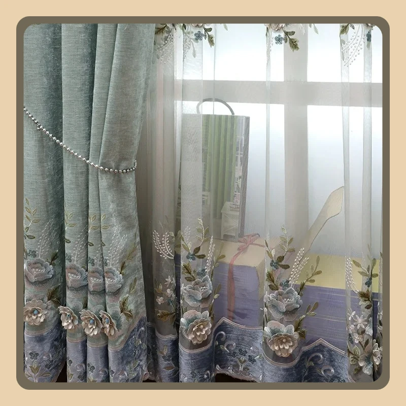 

European Thick Chenille Curtains for Living Dining Room Bedroom Embroidered Girls Room Korean Green New Light Luxury Nobility