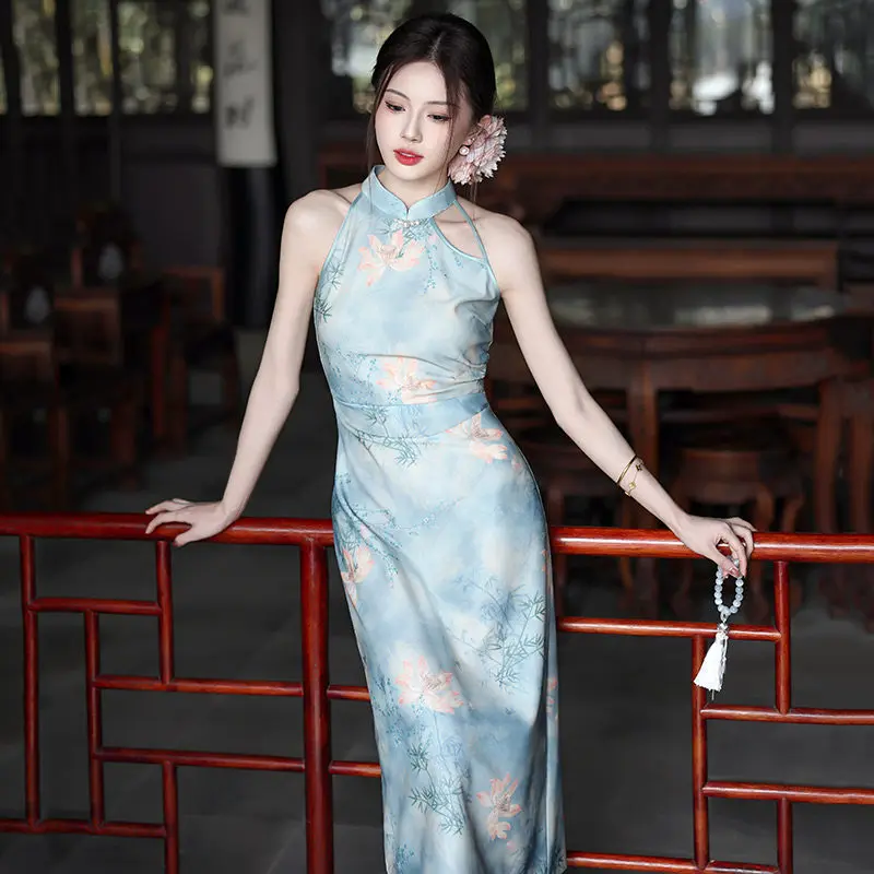Blue New Chinese style Hanging Neck Cheongsam Improved Young Style 2026 New Female Spring Summer Qipao Dress