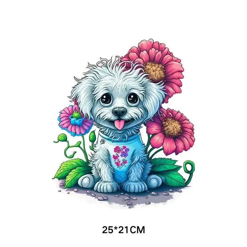 Heat Transfer Vinyl Stickers for Clothing DIY, Cartoon, Flower, Dog Combination, Thermal Press, T-shirt Applique