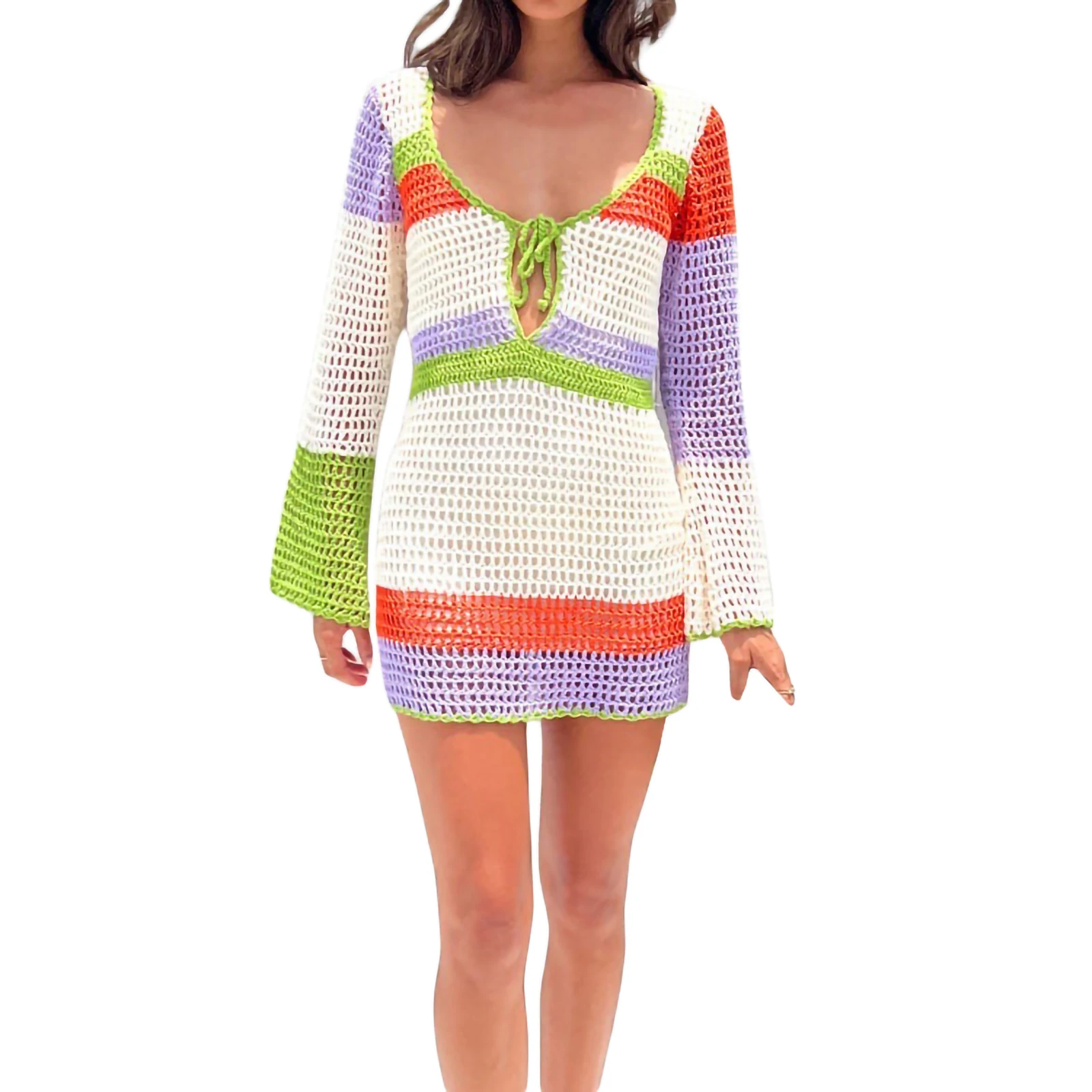 Nowa damska sukienka plażowa, długi rękaw, głęboki dekolt, kontrastowe kolory, ochrona przeciwsłoneczna, wycięcia, midi, typu smock, idealna na letnie stroje plażowe.