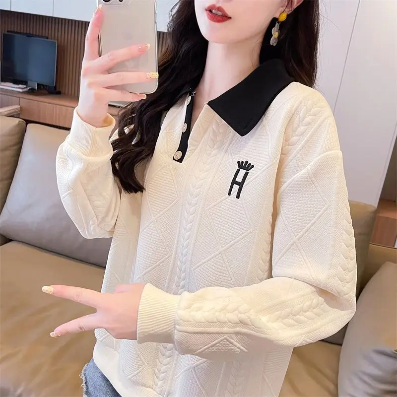 Women Autumn Simplicity Loose Fashion Patchwork Solid Color Polo-Neck Long Sleeve Sweatshirts Ladies Trend All-match Sweet Tops