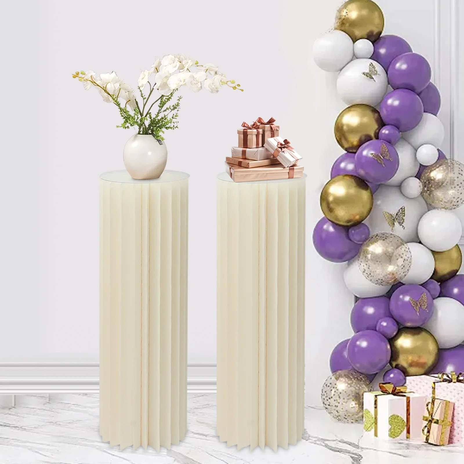 

Modern Wedding Dessert Table Columns with Organic Honeycomb Backdrop Design
