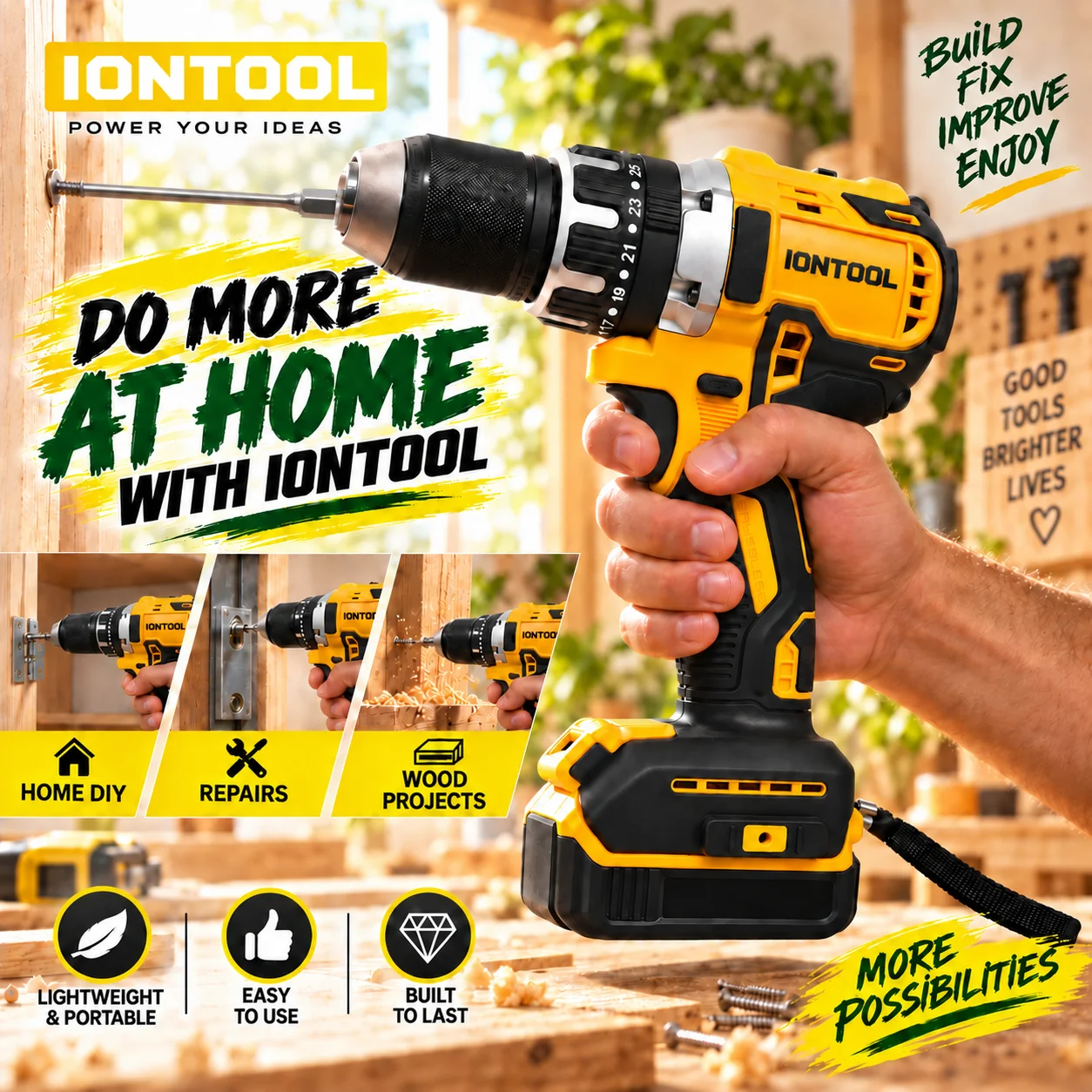 IONTOOL Yellow Cordless Drill 70N.m For Furniture Assembly and Cabinet Installation and Shelf Mounting and Wood Drilling