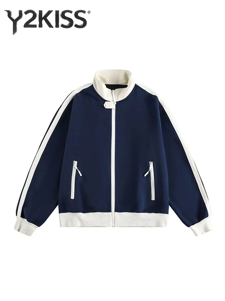 

Autumn Winter Women's American Retro Long Sleeve Sweatshirts Contrast Color 2000s Y2k College Style Korean Baseball Jacket Tide