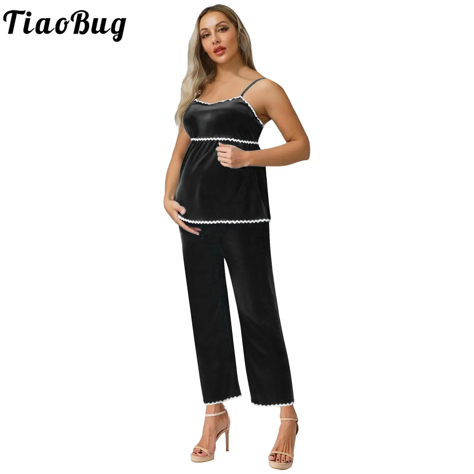 

Bohemian Style Maternity Clothing Pregnant Women Summer Adjustable Spaghetti Strap Tops And Wide Leg Pants Holiday Daily Wear