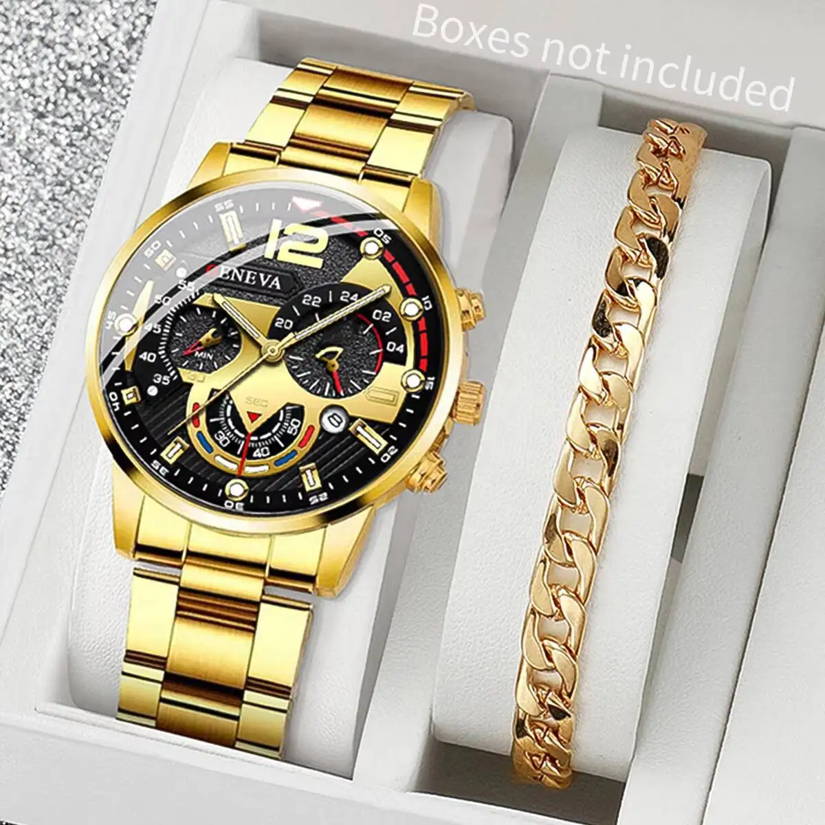 メンズアナログクォーツ時計とブレスレットのセット,スチールバンド,ビジネス,ファッション,ボックスなし,2個