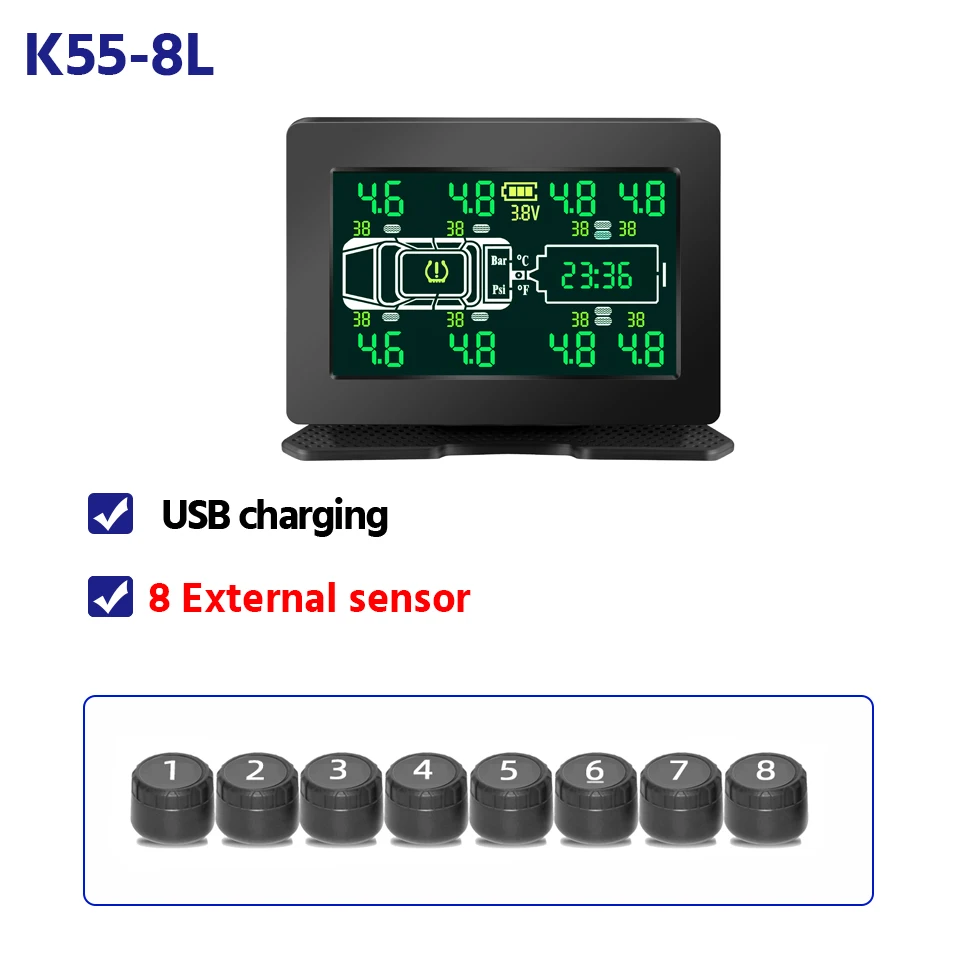 Vrachtwagen Auto Bandenspanningscontrolesysteem Solar TPMS 6/8 Interne en Externe Sensoren LCD Display Banden Alarm Monitor Auto Tester