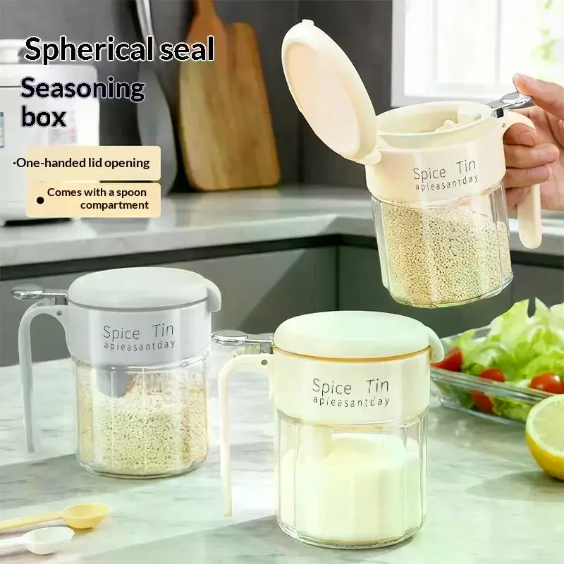 Glass Spice Jar With Built-in Spoon & Handle, Airtight Seasoning Container, Food-Grade Salt Sugar Storage Canister For Kitchen