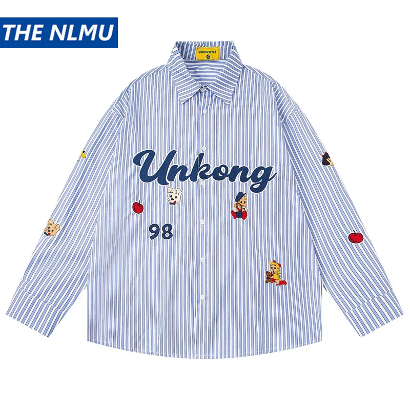 2025 Autumn Striped Shirts Men‘s Harajuku Letter Embroidered Shirt Hip Hop Streetwear Long Sleeve Casual Button Up Blouse Tops