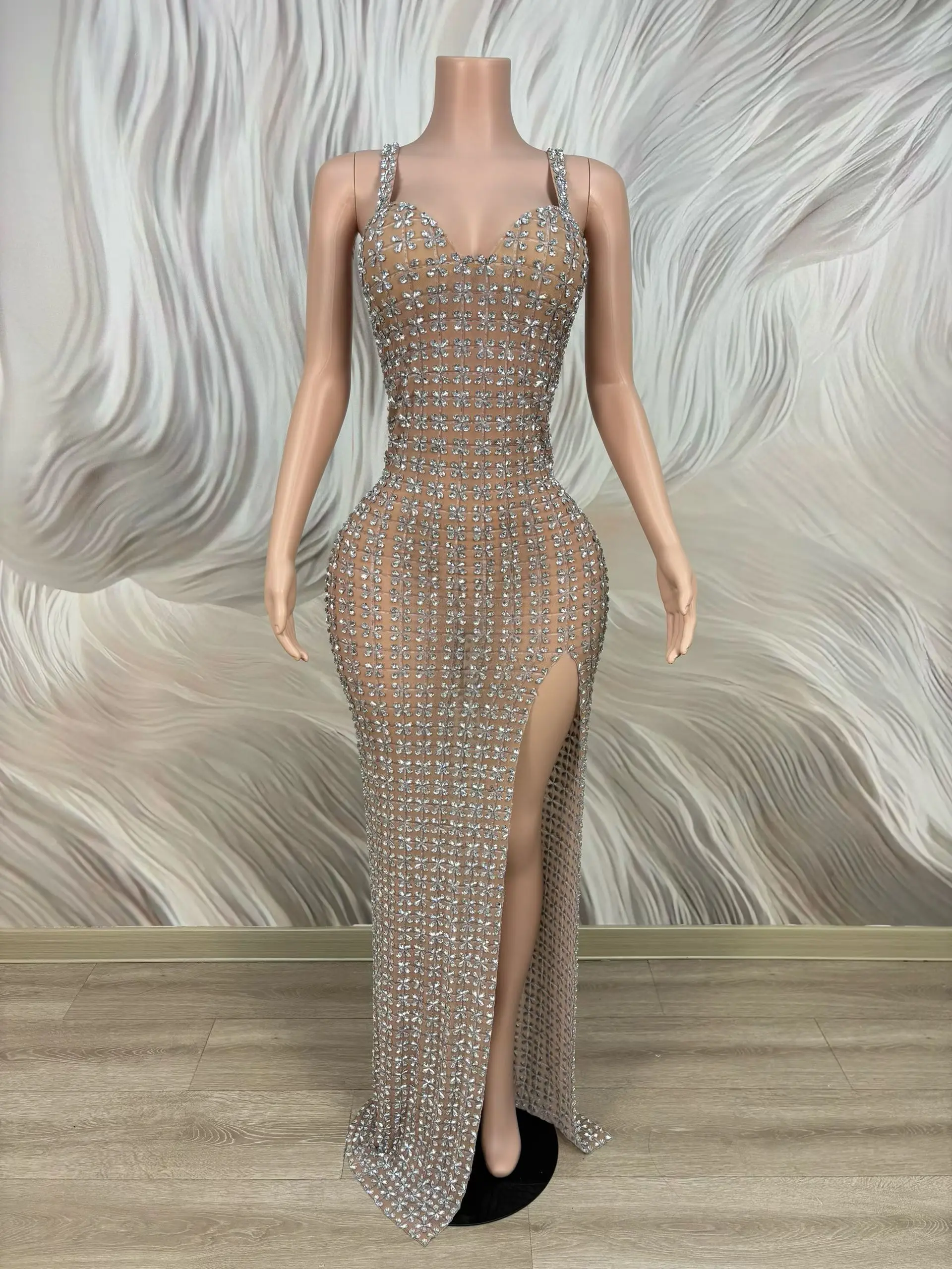 Siyecao Silver Rhinestone Spaghetti Strap Mermaid Maxi Dress Sheer Mesh High Slit Bodycon Evening Prom Gown for Women