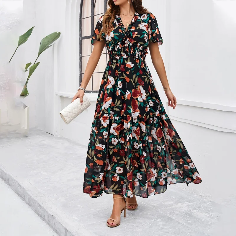 DY-Women's ClothingTemu2024Spring and Summer Temperament Leisure Printed Waist-Controlled Dress