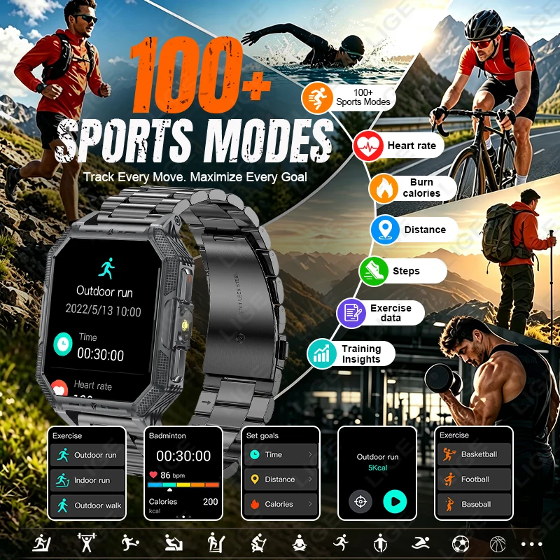 LIGE New 1400mAh Military Smart Watch 2.04" HD Screen 5ATM Waterproof Clock Wireless Call Flashlight Smartwatch For Android iOS