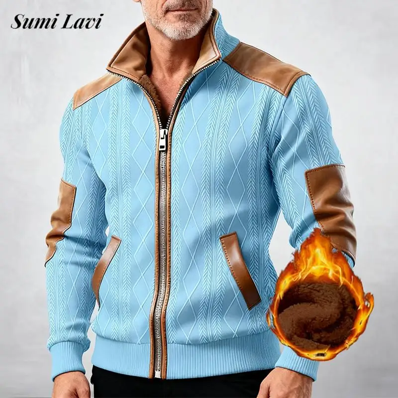 

Теплые утолщенные пальто на флисовой подкладке, мужские винтажные лоскутные куртки с воротником-стойкой и молнией, мужская повседневная жаккардовая текстурированная верхняя одежда