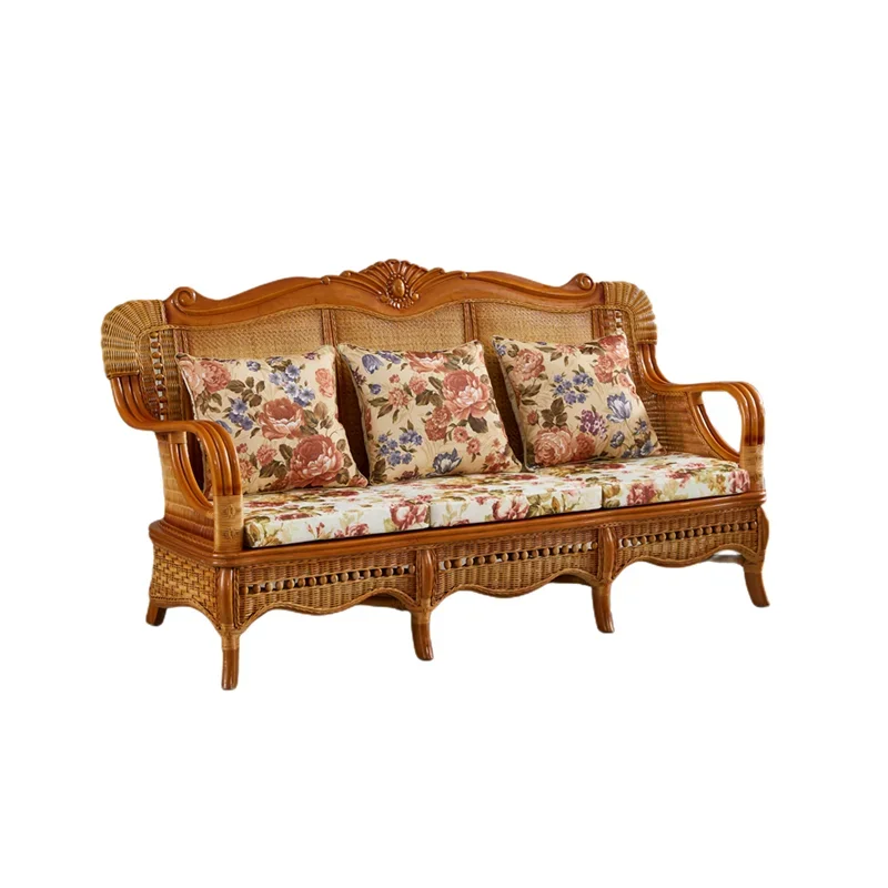 Natural rattan art three-person sofa hand-woven living room sofa environmentally friendly and breathable modern simple rattan