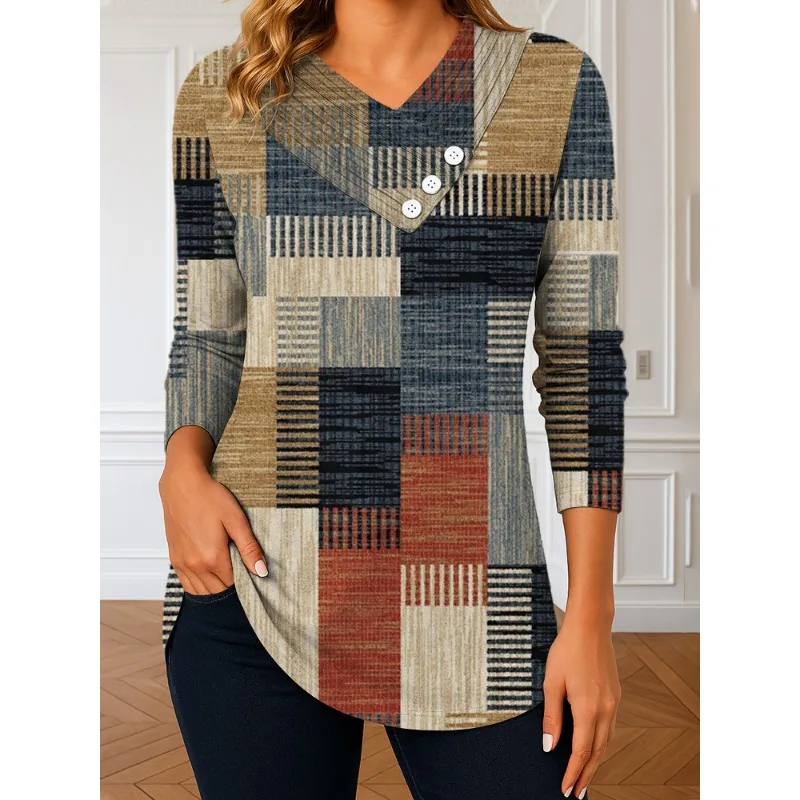 Women's Patchwork Print 3/4 Sleeve V-Neck Blouse Asymmetrical Hem Multi-Color Options
