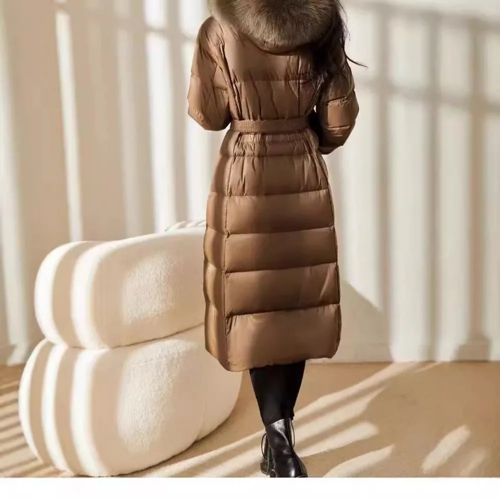 Luxury Brand High Quality Winter New Mid-length Down Coat for Women Warm Slim Down Jacket Hood Large Fur Collar Thickened A-line