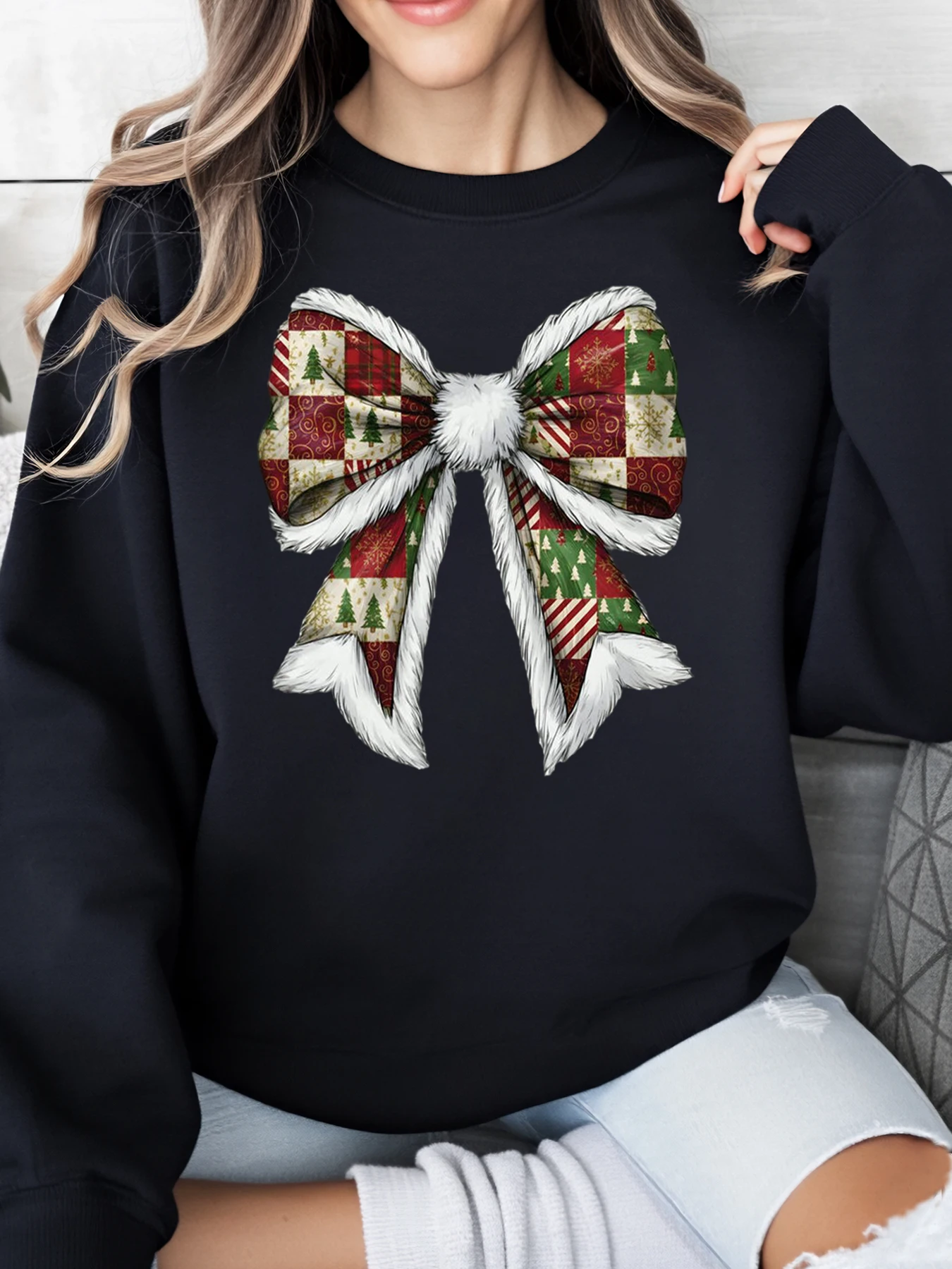 Christmas Bow Print Holiday Sweatshirt Women Casual Winter Outfit Black Plus-Size