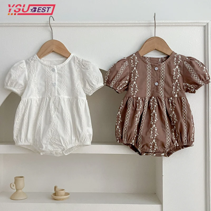 Macacão princesa bordado criança, manga curta, estilo fino, roupas recém-nascidas, bodysuits de bebê, meninas com botão pérola, verão