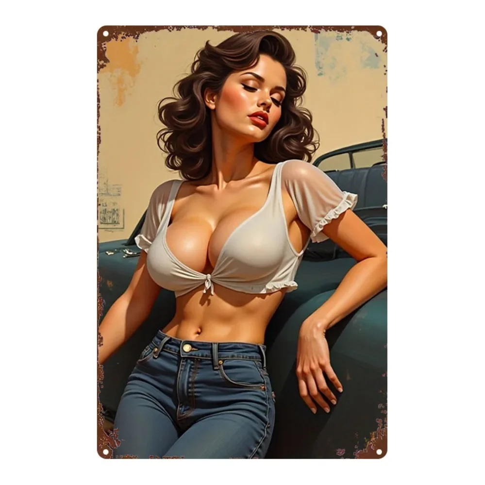 Retro Pinup Girl Metal Tin Sign 8x12 Inch - Vintage Wall Decor for Living Room