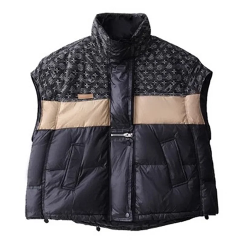 2025 Chaleco de plumón de pato blanco empalmado con cuello levantado para mujer, chaqueta cálida holgada corta a la moda