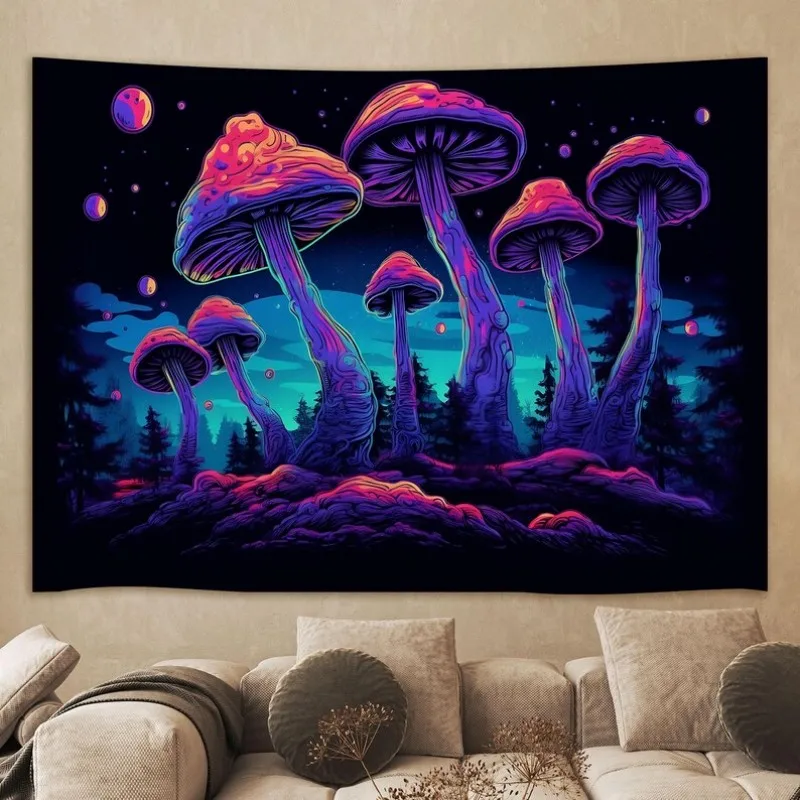 VIKAMA Neon Mushroom Tapestry Polyester Fiber Dreamy Forest Wall Hanging Bedroom Dormitory Room Decoration Home Decoration