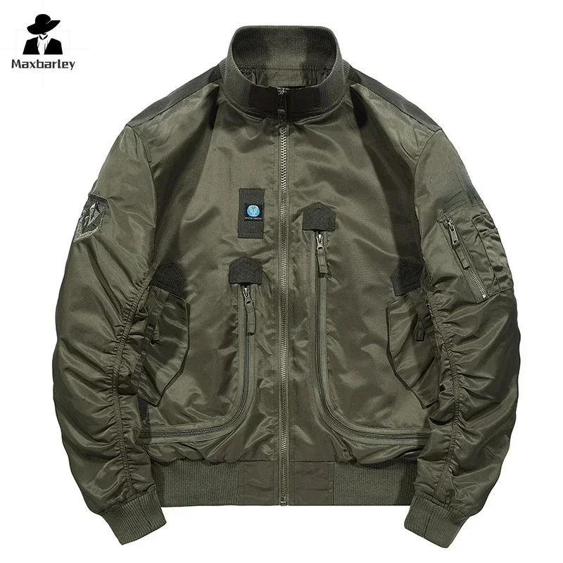 Cargo Work Jacket Men's 2024 Autumn Vintage Army Green Multi-pocket Baseball Coat Outdoor Light Windbreaker Motorcycle Jacket