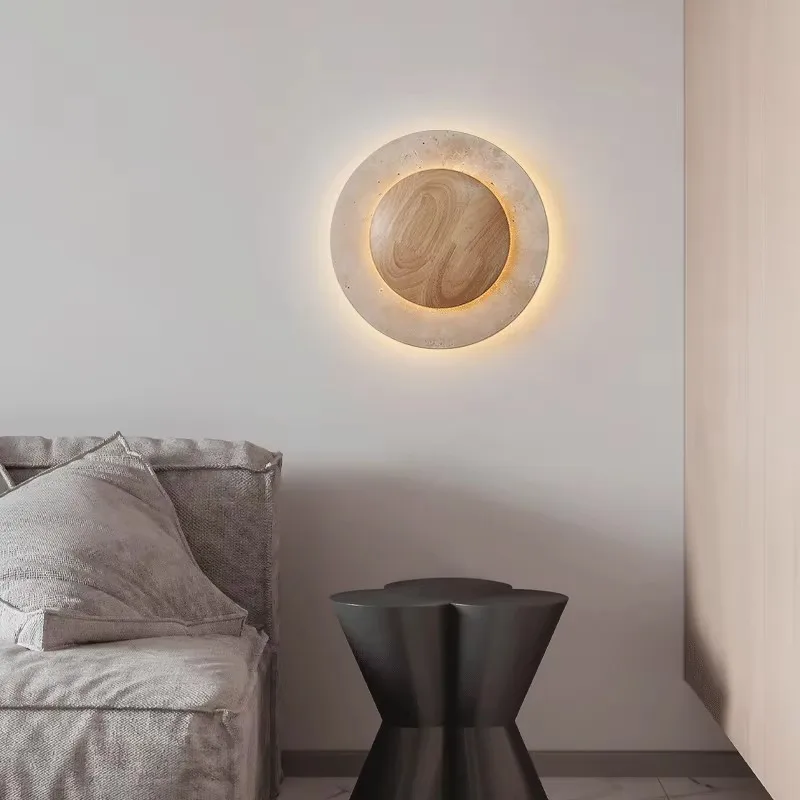 Vintage Round Shape Natural Stone Art Decoration Wall Lamp Interior Wall Lights Bedroom Decor Led Sconce Cream Home-appliance