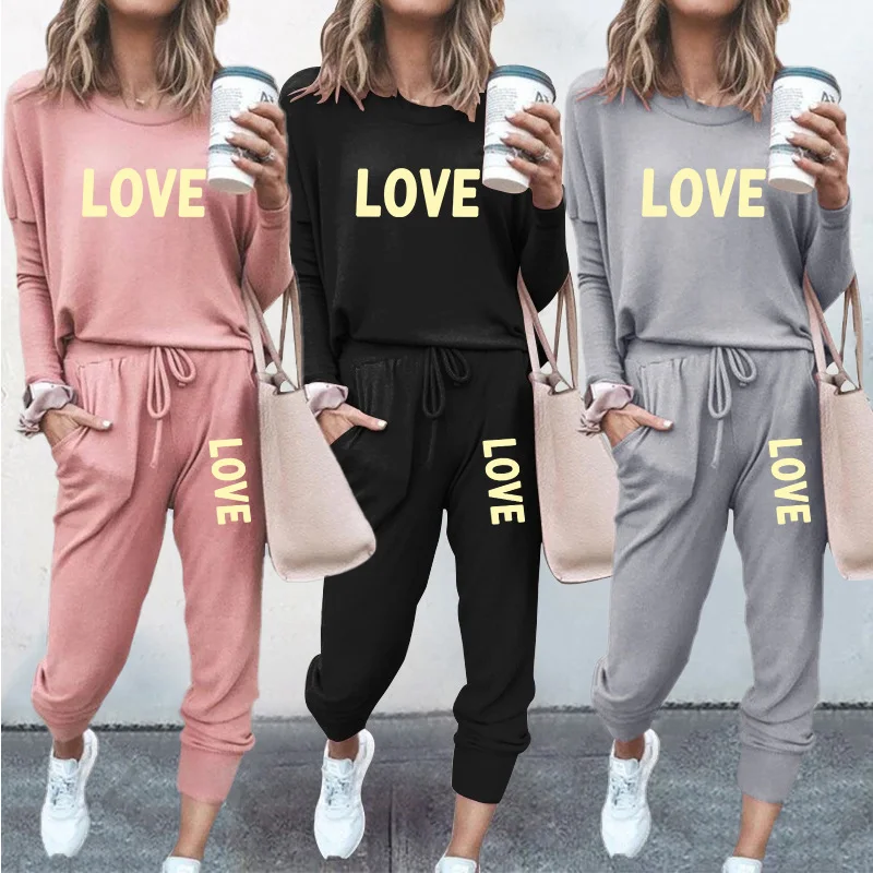 

2023 Women's Printed 2 Piece Outfits Casual Round Neck Pullover Tops + Long Pants Comfy Long Sleeve Tracksuits Jogging Suit