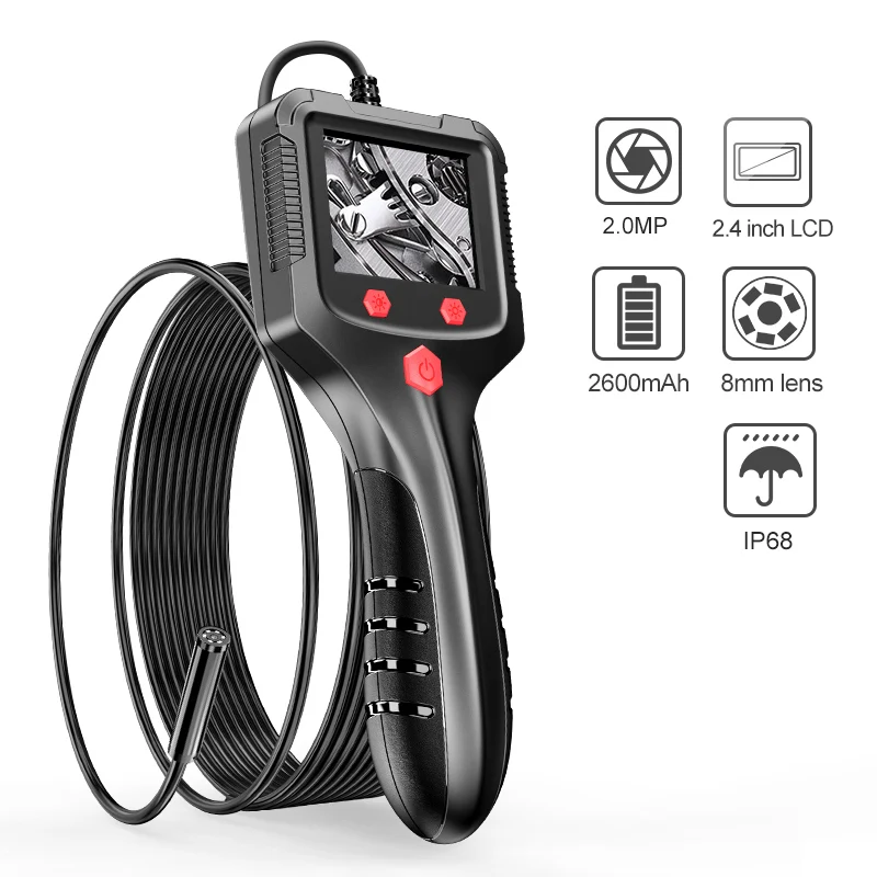 Handheld Industrial Endoscope Camera with 2.4 inch IPS Screen IP67 HD Inspection Borescope 8 Adjustble LED for Vehicle Engine