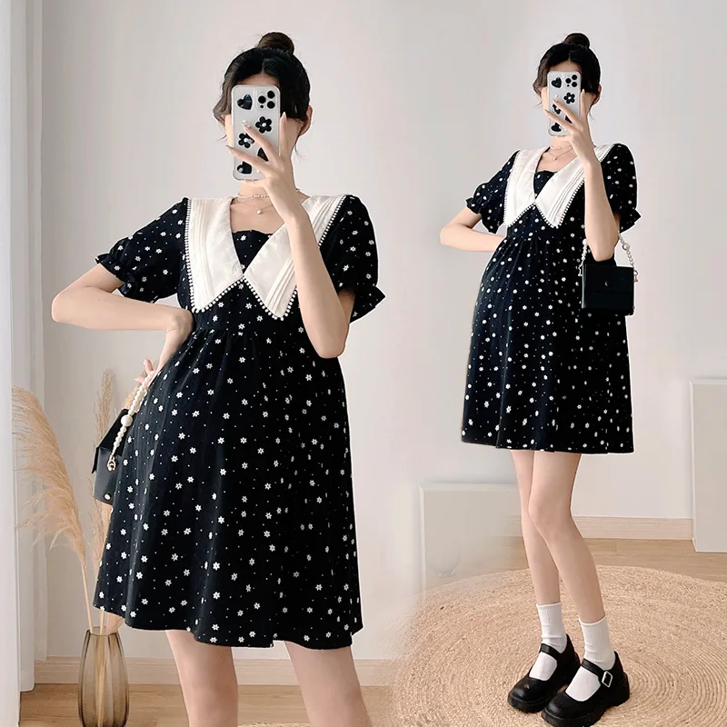 

Summer Maternity Shirt Short Sleeve Large Turn-Down Collar Black Pokla Dot Pregnant Women Chiffon Blouses Pregnancy A-Line Dress