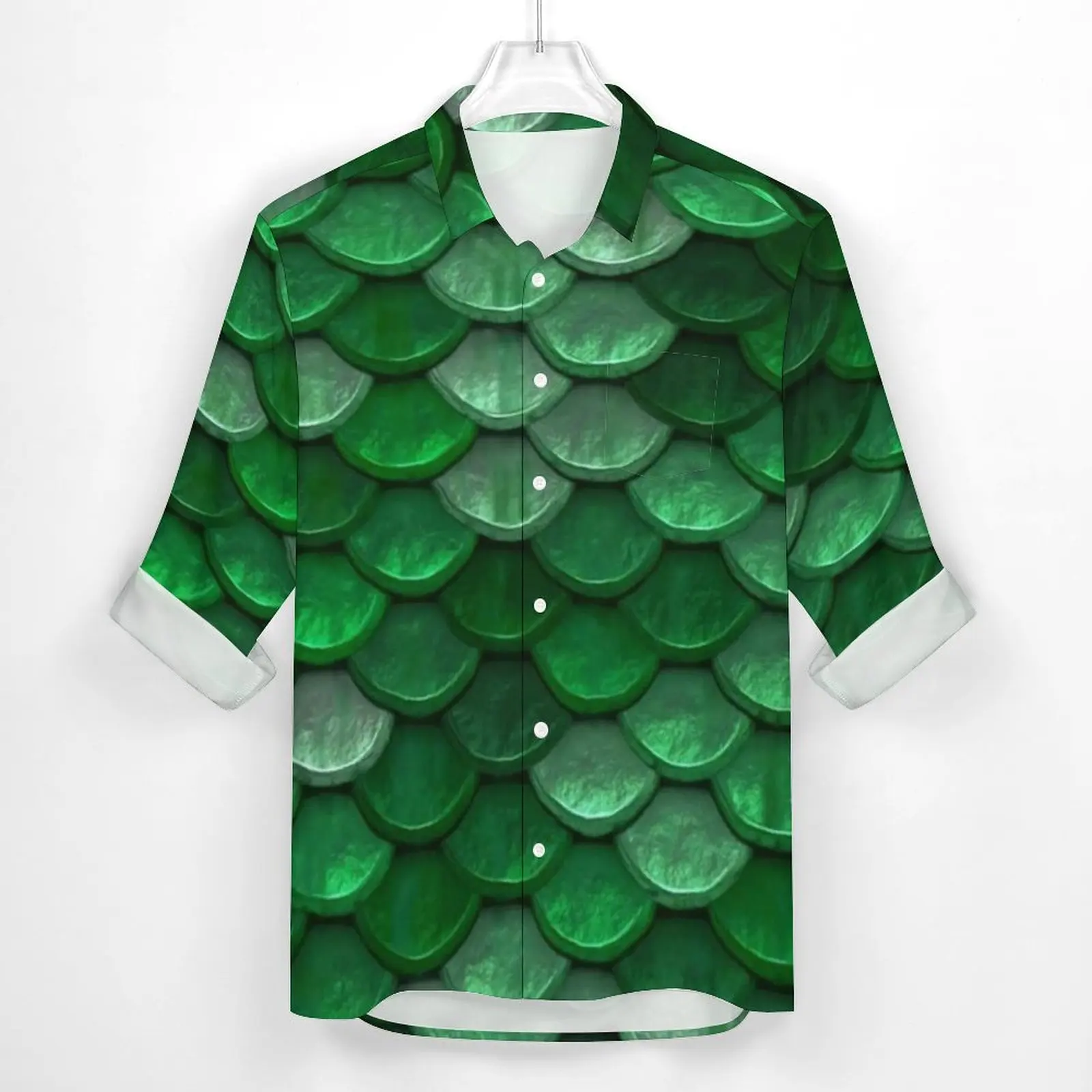 Colorful Metallic Casual Shirts Man Green Scales Print Shirt Long Sleeve Fashion Harajuku Blouses Spring Top Big Size 3XL 4XL