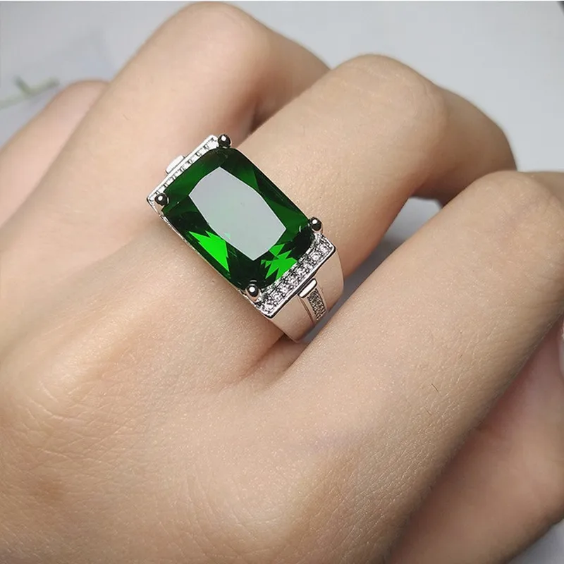 

Masculine Square Green Emerald Gemstones Zircon Diamonds Rings for Men White Gold Filled Silver Finger Band Cool Accessory Bague