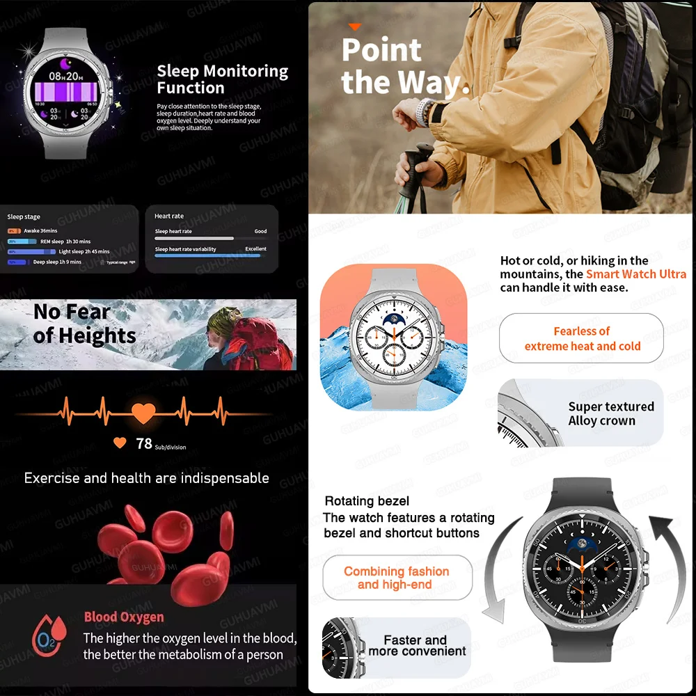 Часы 8 Ultra Classic GPS SmartWatch Компас NFC Мужчины AMOLED Вызов Чат GPT Часы 3ATM Водонепроницаемые Спортивные Фитнес Ms Smartwatch