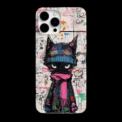 INS Cartoon Graffiti Black Cat Case for iPhone 16 15 14 13 Pro Max Back Phone Cover for 12 11 Pro Plus 8 7 X XS Acrylic Cover