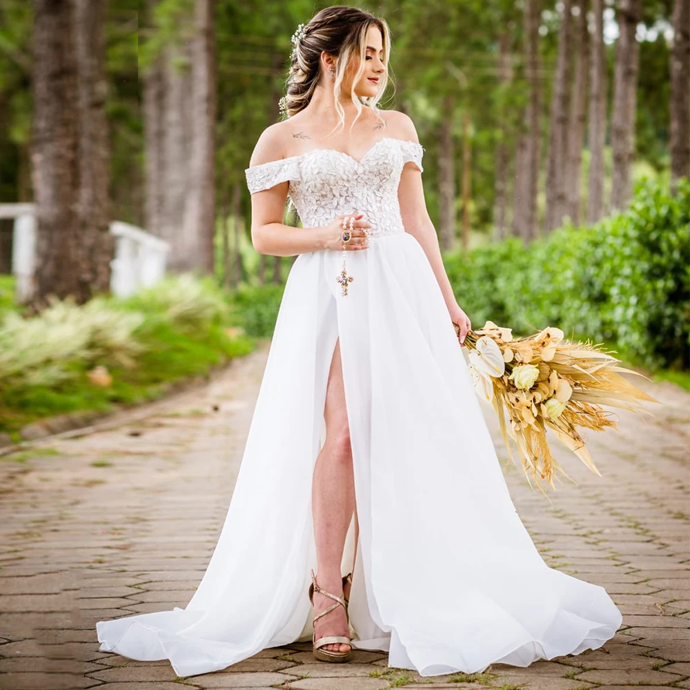 Weilinsha chique a linha fora do ombro plus size vestidos de casamento senhoras querida apliques organza fenda lateral boho vestidos de noiva