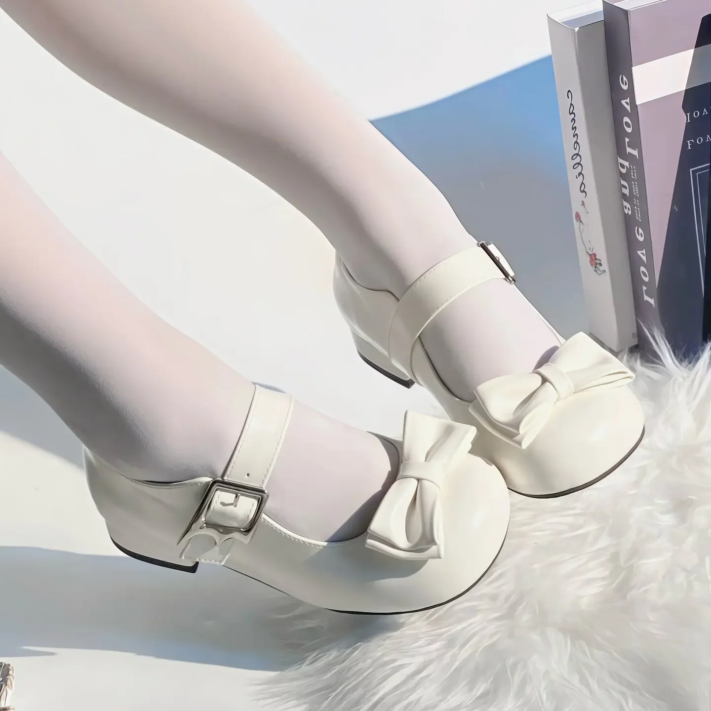 Sweet Lolita Mary Jane Shoes Round Toe Bow Decor Ankle Strap Low Heel Cute Jk Daily Wear Women Single Shoes