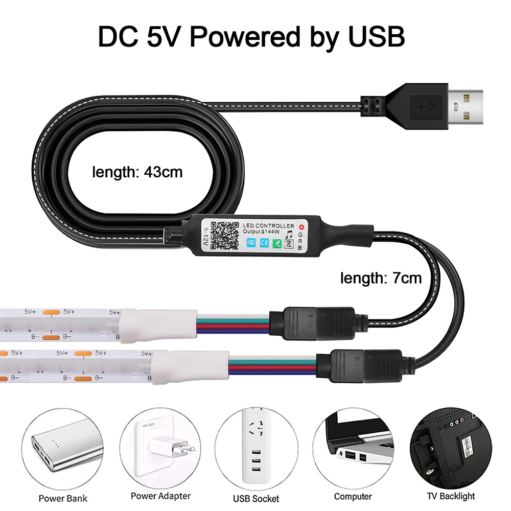 DC 5V USB RGB COB Light Strip 576LED/M Bluetooth APP 3key Controller 24key 44key Remote Control Flexible TV BackLight Home Decor