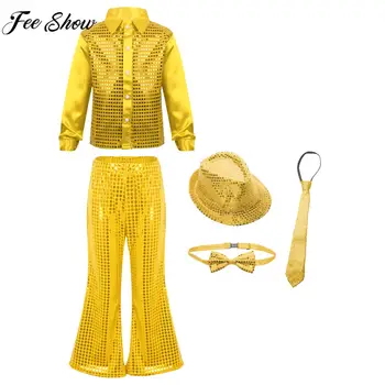 Kinder Jungen Hip Hop Jazz Dance Disco Bühnenkostüm Glänzende Pailletten Langarmshirt mit Hut Schlaghose Dancewear