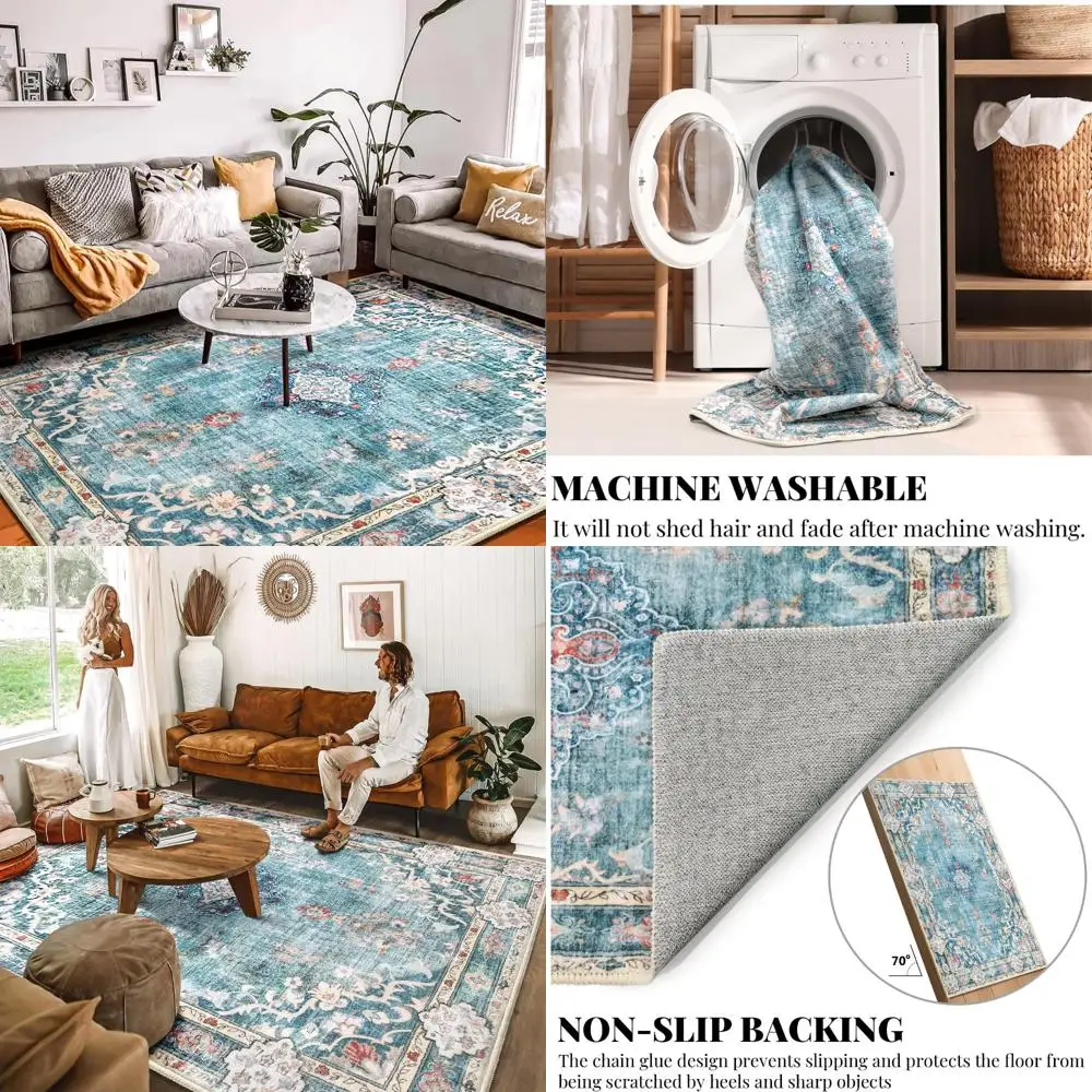 

Большой богемный ковер 8x10, мягкий синий моющийся ковер для гостиной, нескользящий абстрактный дизайн для спальни