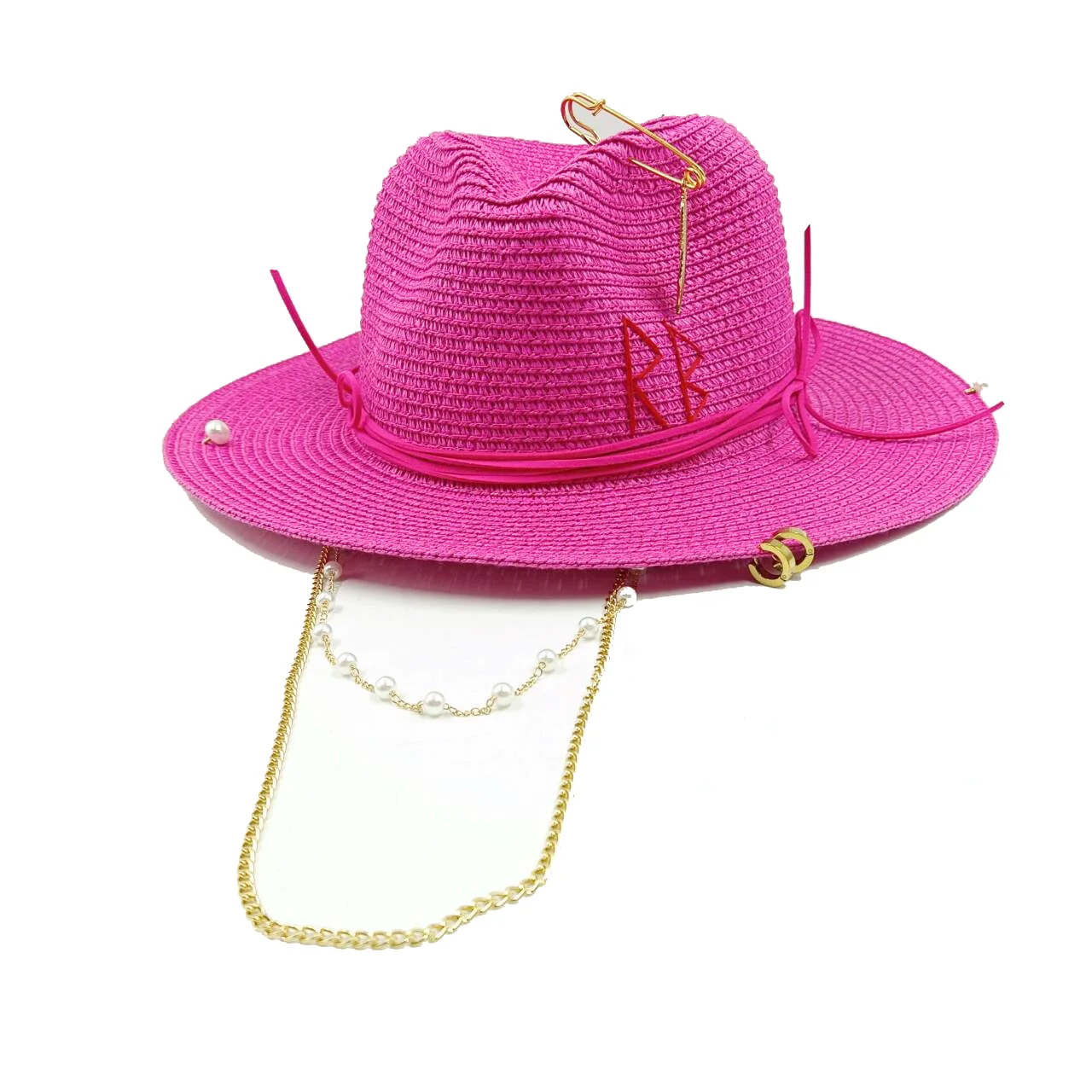 Personalized hat straw hat pearl chain DIY jazz hat sun hat new letter hat beach hat men\'s and women\'s punk hat candy color