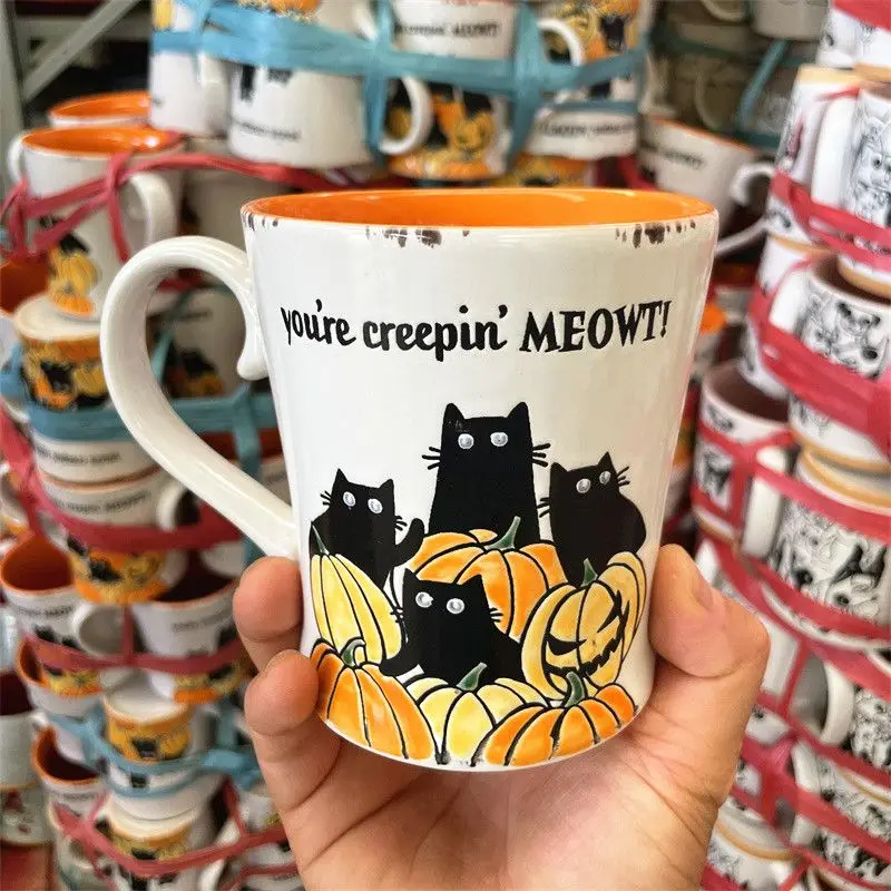Retro Hand-painted Coffee Cup Underglaze Color Large Capacity Ceramic Water Cup Halloween Pumpkin Black Cat  European Mug Gife