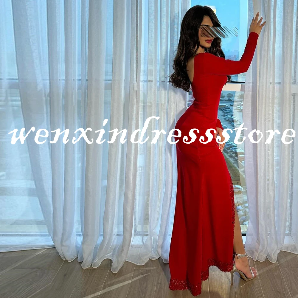 Modern Straight Ankle Length O-neck Jersey Red Special Occasion Gowns Crystal Backless Pleats Front Slit Saudi Arabia Women