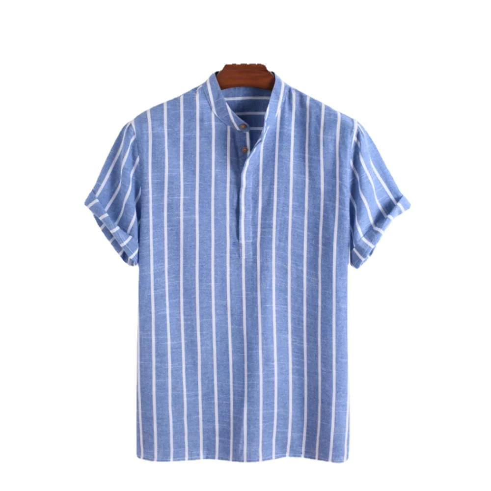 Summer Spring 2023 Men Casual Striped Blouse Shirts Male Turn Down Collar Short Sleeve Button Loose Sand Beach Tops M-3XL