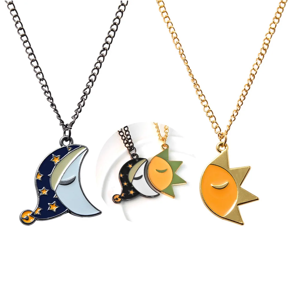 2pcs Creative Personalized Sun Nightcap Moon Necklace Cartoon Style Exclusive Design Unisex Adjustable Jewelry Gift for Friends