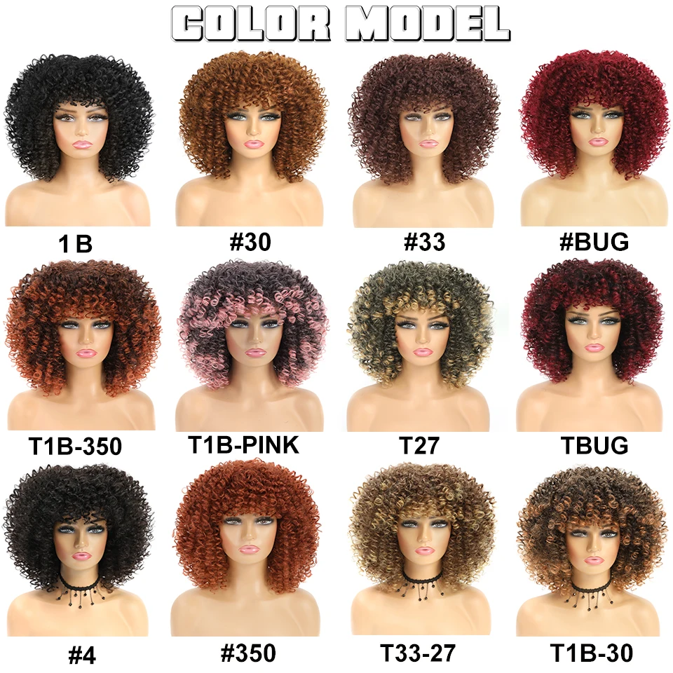 Perruque Synthétique Afro Crépue Bouclée avec Frange pour Femme Noire, Cheveux Cosplay Courts, Ombré, Brun, Blond, Sans Colle, Haute Température