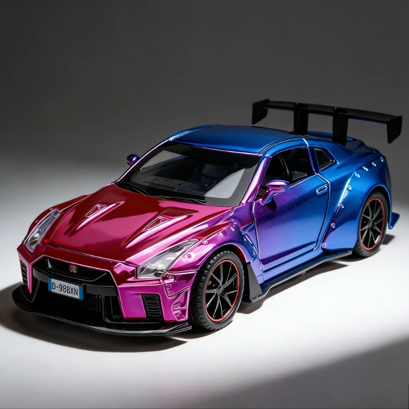 

1:32 sports car GTR electroplated version alloy car model ornament toy with sound and light can open the door