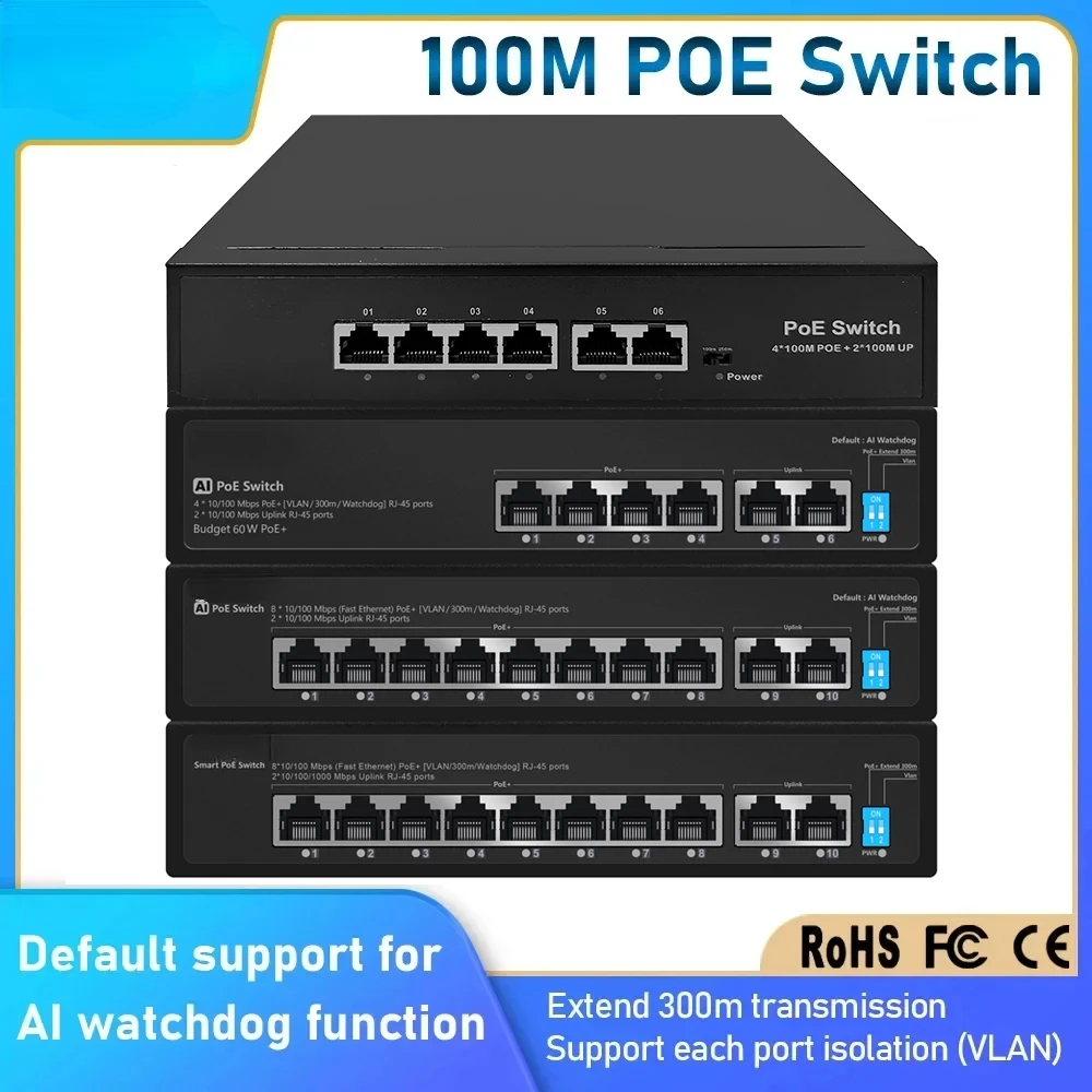 2024 New 6 Ports POE Switch 100Mbps HD Smart IP Switch POE Standard RJ45 Injector Switcher for IP Camera/NVR/Wireless AP/CCTV